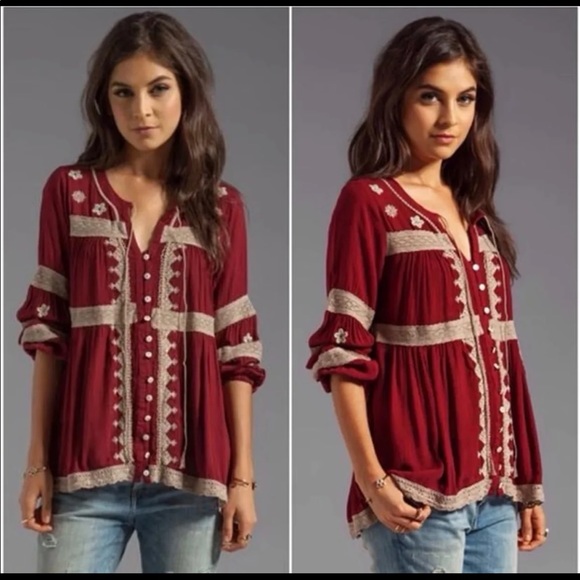 Free People Tops - Free People Iris Deep Burgundy Boho Blouse